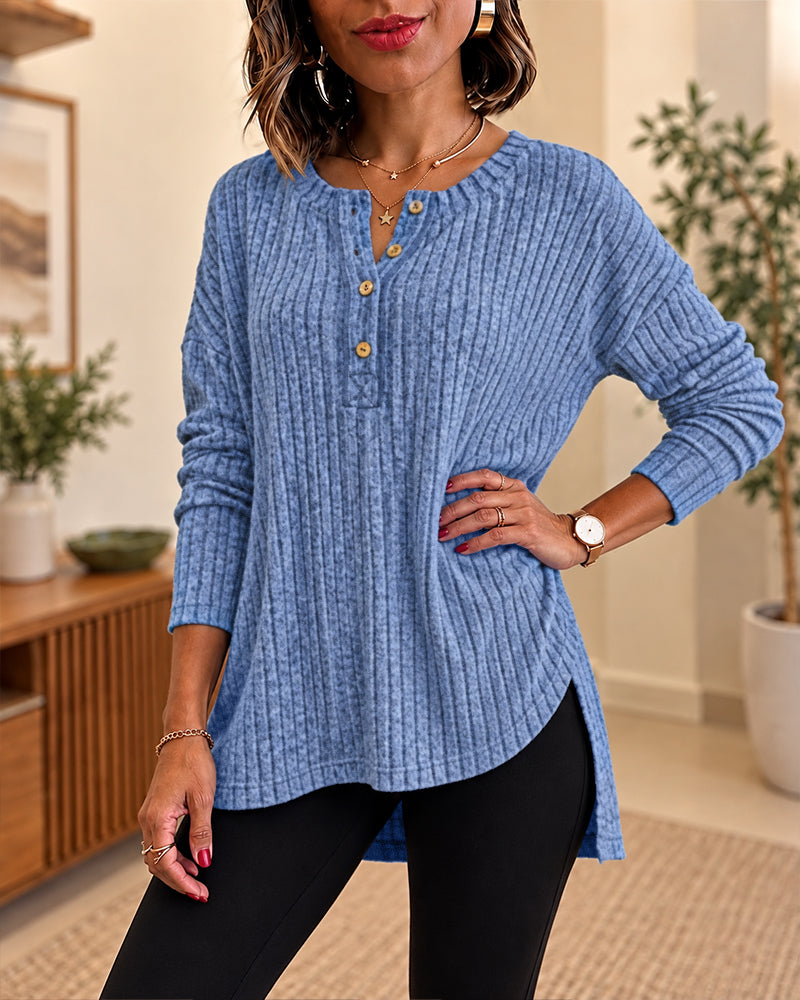 Women's Ribbed Knit Henley Neck Long Sleeve Loose Casual Top with Side Slits