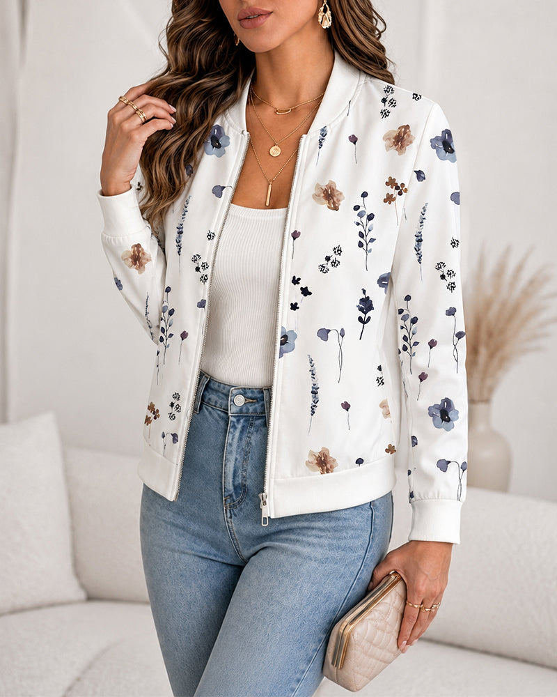 Women's Floral Print Bomber Jacket Casual Zip Up Long Sleeve Outerwear