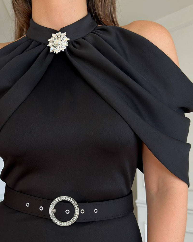 Chic Plain High Neck Party Dress with Cold Sleeves and Sparkling Rhinestones Decor Elegant Slim Fit Midi Dress (With Belt)