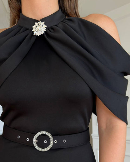 Chic Plain High Neck Party Dress with Cold Sleeves and Sparkling Rhinestones Decor Elegant Slim Fit Midi Dress (With Belt)