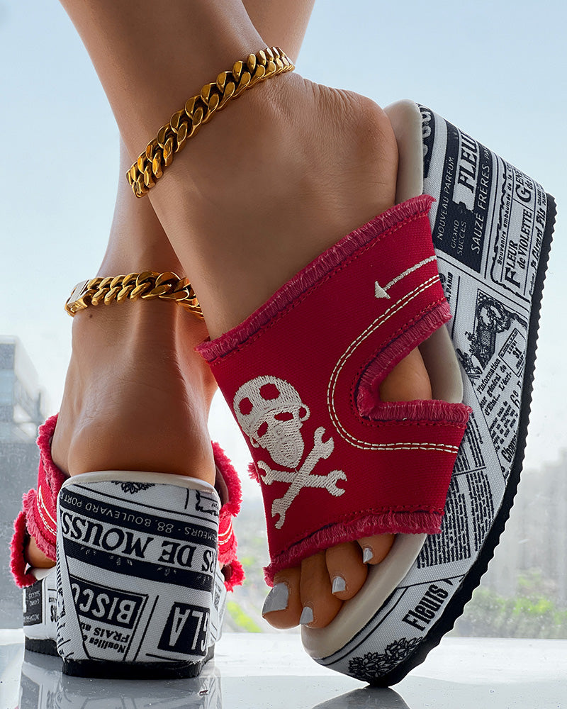 Newspaper Buckled Denim Wedge Slippers