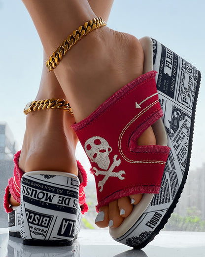 Newspaper Buckled Denim Wedge Slippers