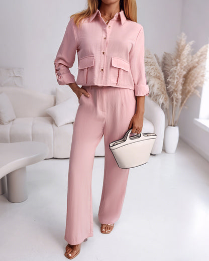 2 Pieces Outfit Turn-down Collar Turn-Up Sleeves Button Front Flap Pockets Design Top and Causal Zipper Fly Elastic Back Waist Wide Leg Pants Set