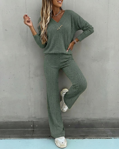 2 Pieces Outfit Button Decor V-Neck Long Sleeve Top and Elastic Waist Straight Leg Pants Set Casual Ribbed Set