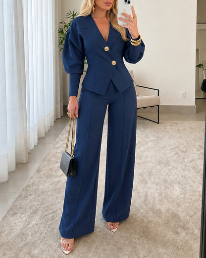 Women's 2 Piece Set V-Neck Cinched Waist Gigot Sleeve Top and High Waist Wide Leg Pants Elegant Set