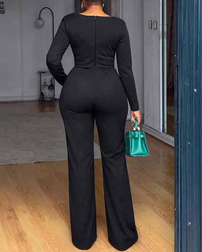 Women's Long Sleeve Cowl Neck Ruched Jumpsuit with Gold Buckle Accent