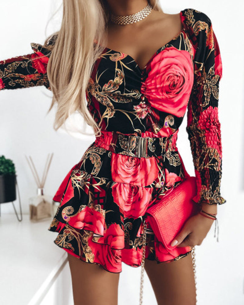 Floral Print Shirred Layered Dress