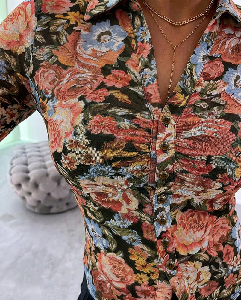 Vintage Oil Painting Floral Print Turn-down Collar V-Neck Button Front Shirt Slim Fit Long Sleeve Ruched Sheer Mesh Top with Lining
