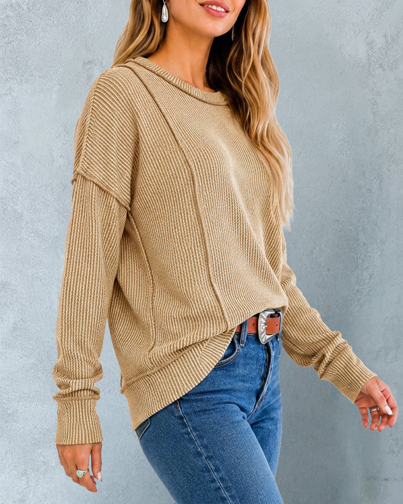 Women's Ribbed Knit Long Sleeve Top Casual Seam Crewneck Pullover