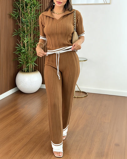 Women's Contrast Binding Two Piece Knit Set Short Sleeve Top and Drawstring Straight Leg Pants Casual Loungewear