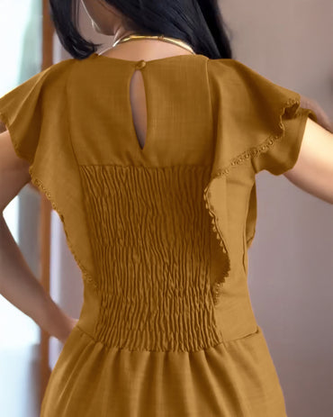 Butterfly Sleeve Hollow-out Back Shirred Work Dress Casual Cinched Waist Lace Trim Ruffle Hem Dress