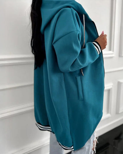Striped Cuffs Pockets Design Zipper Front Drawstring Hoodie Jacket Casual Drop Shoulder Asymmetrical Hem Mid-length Coat