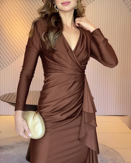 Women's Satin Long Sleeve Midi Dress Ruched Wrap V Neck Ruffle Slit Evening Gown Party Dress