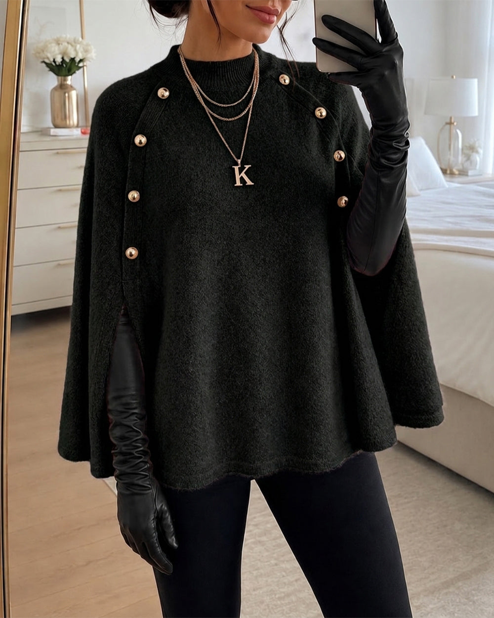 Suéter de punto holgado para mujer con cuello alto simulado, estilo «old money», capa, abertura lateral y mangas murciélago, cálido y acogedor para invierno