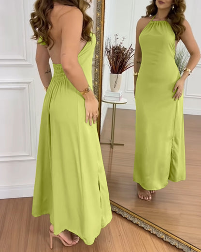 Halter Sleeveless Backless Maxi Dress Casual Shirred Back Side Slit Vacation Dress