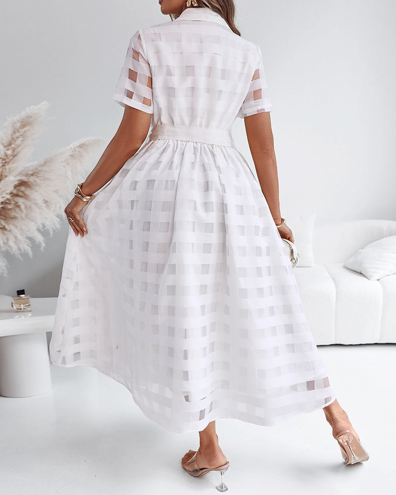 Turn Down Collar Plaid Mesh Double Layered Cinched Waist Maxi Dress Button Down Bow Tie Waist Commuting Dress