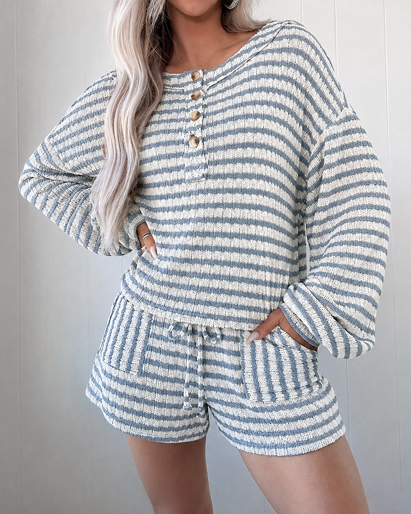 Women's Striped Two Piece Outfit Henley Lantern Sleeve Top and Drawstring Shorts Casual Lounge Set