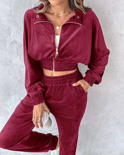 2 Piece Velvet Lounge Outfits Zip Up Crop Sweatshirt and Cuffed Sweatpants with Pockets