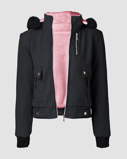 Fuzzy Trim Jacket Hooded Zip Up Fleece Lined Coat Outwear with Pockets
