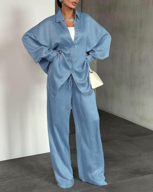 2-teiliges Outfit, Umlegekragen, lange Ärmel, Knopfleiste vorne, abgerundeter Saum, Oberteil und Kordelzug, elastische Taille, Hosen-Set