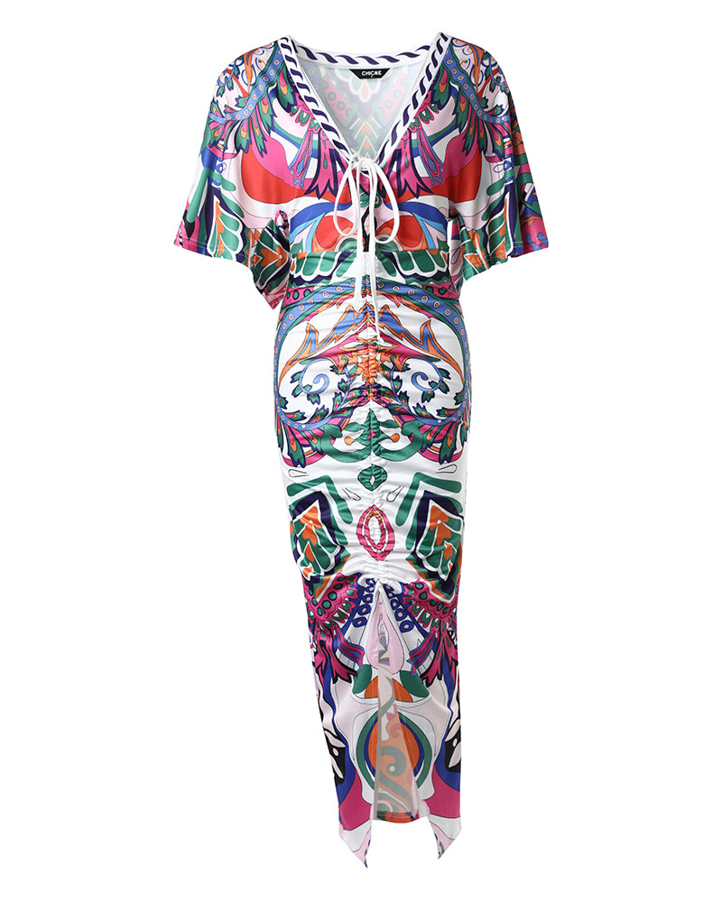 Vestido largo sexy para mujer con escote pronunciado en V, estampado abstracto, cordón, parte delantera fruncida, abertura y manga corta