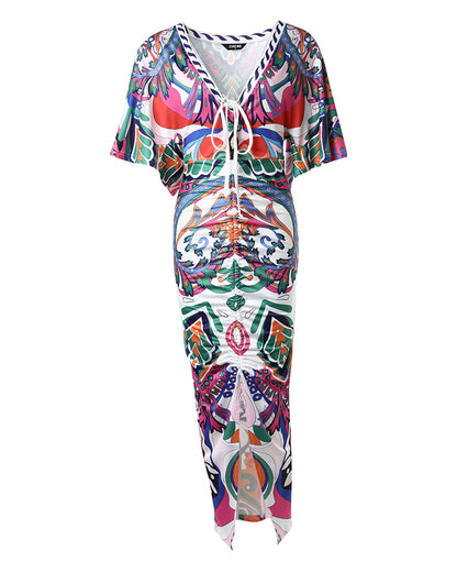 Vestido largo sexy para mujer con escote pronunciado en V, estampado abstracto, cordón, parte delantera fruncida, abertura y manga corta