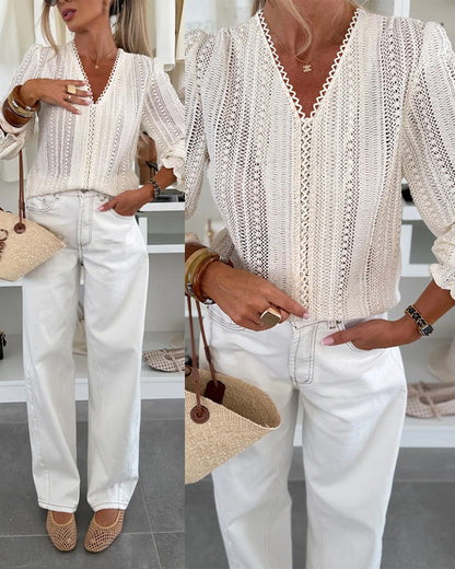 Women's V Neck Hollow Out Lace Shirt Sheer Mesh Lantern Long Sleeve Blouse Crochet Loose Casual Top