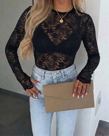 Women's Floral Sheer Lace Long Sleeve Top Crewneck Slim Fit Tee with Thumb Holes