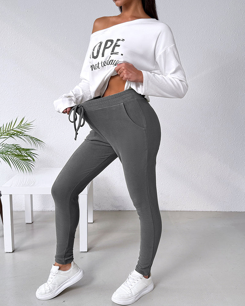 2 Pieces Outfit Nope. Not Today Slogan Print Skew Neck Long Sleeve Pullover Top And Casual Drawstring Stretchy Waist Slim Fit Pants Set