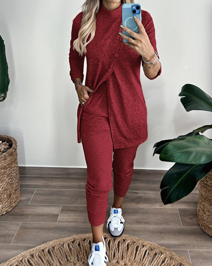 2 Pieces Outfit Mock Neck Long Sleeve Button Decor Slit Mid-Length Top and Stretchy Drawstring High Waist Slim Fit Pants Set