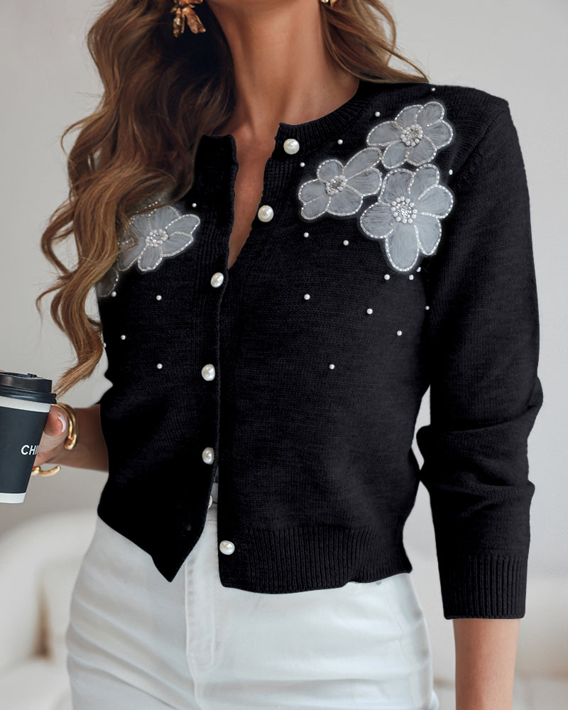 Floral Applique & Pearls Decor Round Neck Single Breasted Knit Cardigan Casual Crop Sweater Coat