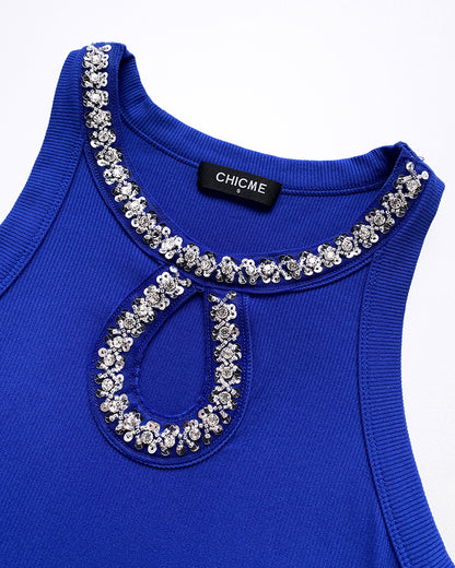 Rhinestone Contrast Sequin Keyhole Neck Sleeveless Slim Fit Elasticity Ribbed Top Elegant Tank