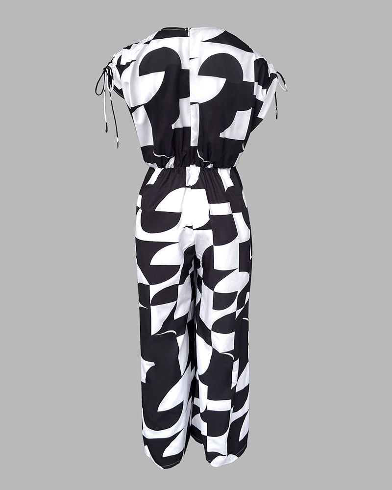 Geometric Print V-Neck Short Sleeve Zipper Jumpsuit