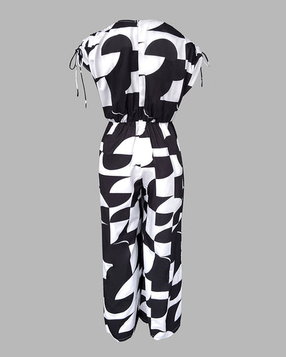 Geometric Print V-Neck Short Sleeve Zipper Jumpsuit