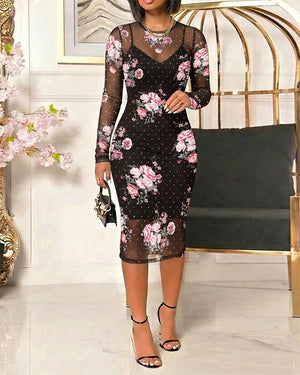 Ensemble 2 pièces pour femmes, robe mi-longue en maille à imprimé Floral, strass, robe moulante transparente à manches longues avec robe à bretelles