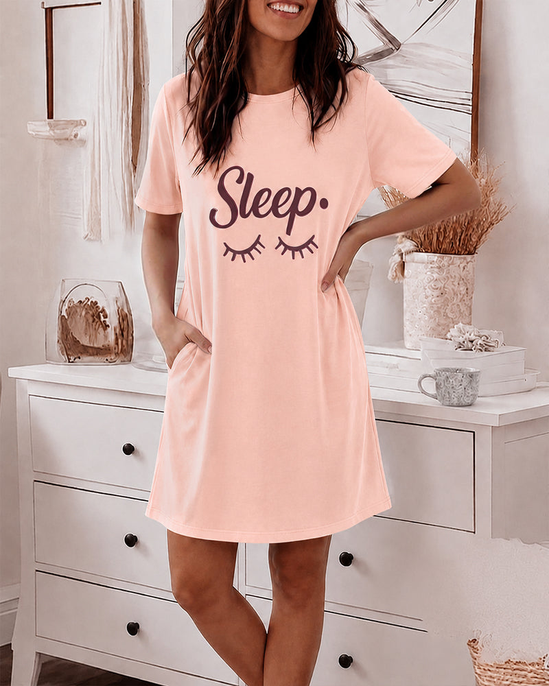Women's Sleep Letter Print Short Sleeve Nightgown Casual Sleepwear Dress with Pockets