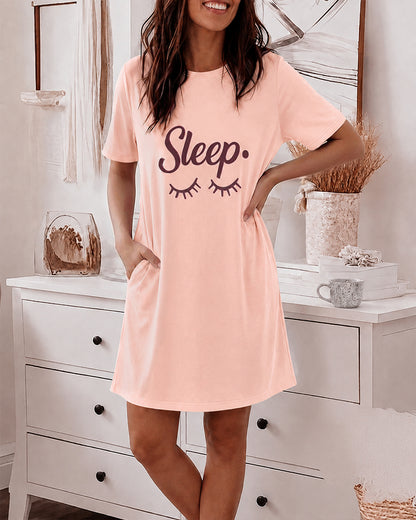 Women's Sleep Letter Print Short Sleeve Nightgown Casual Sleepwear Dress with Pockets