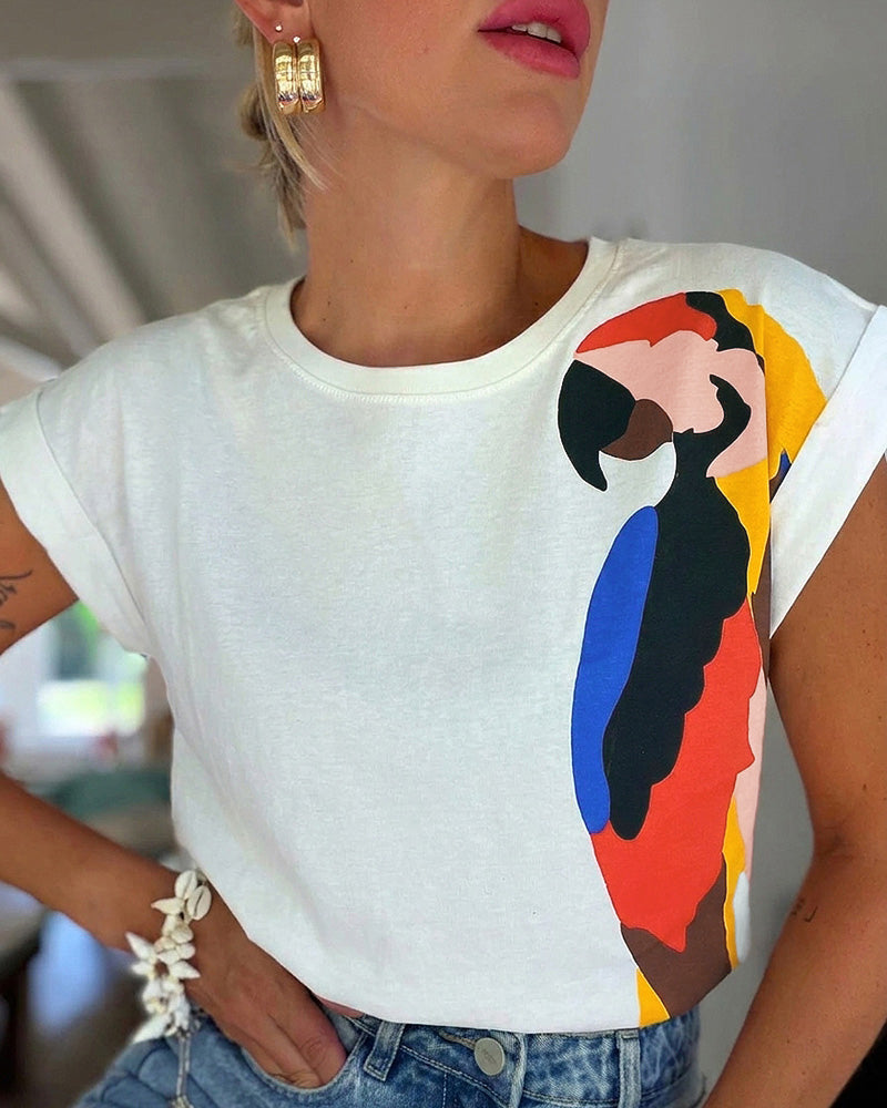 Women's Parrot Graphic Tee Loose Crewneck Cuffed Cap Sleeve T-Shirt Casual Top