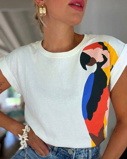 Women's Parrot Graphic Tee Loose Crewneck Cuffed Cap Sleeve T-Shirt Casual Top