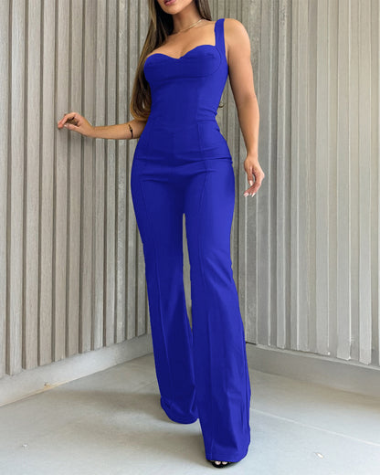 Sweatheart Neck Thick Strap Backless Lace-up Back Overalls Casual Seam Front Wide Leg Jumpsuit