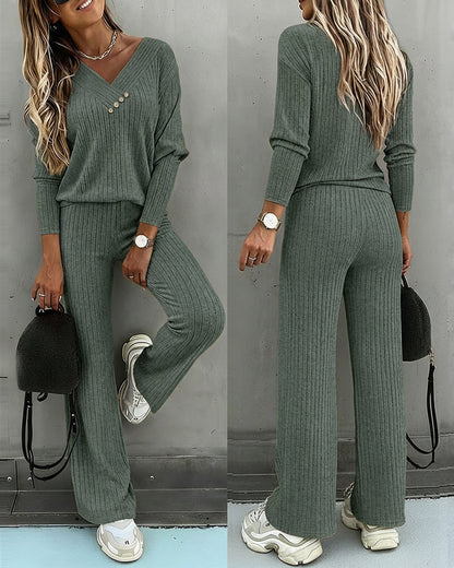 2 Pieces Outfit Button Decor V-Neck Long Sleeve Top and Elastic Waist Straight Leg Pants Set Casual Ribbed Set