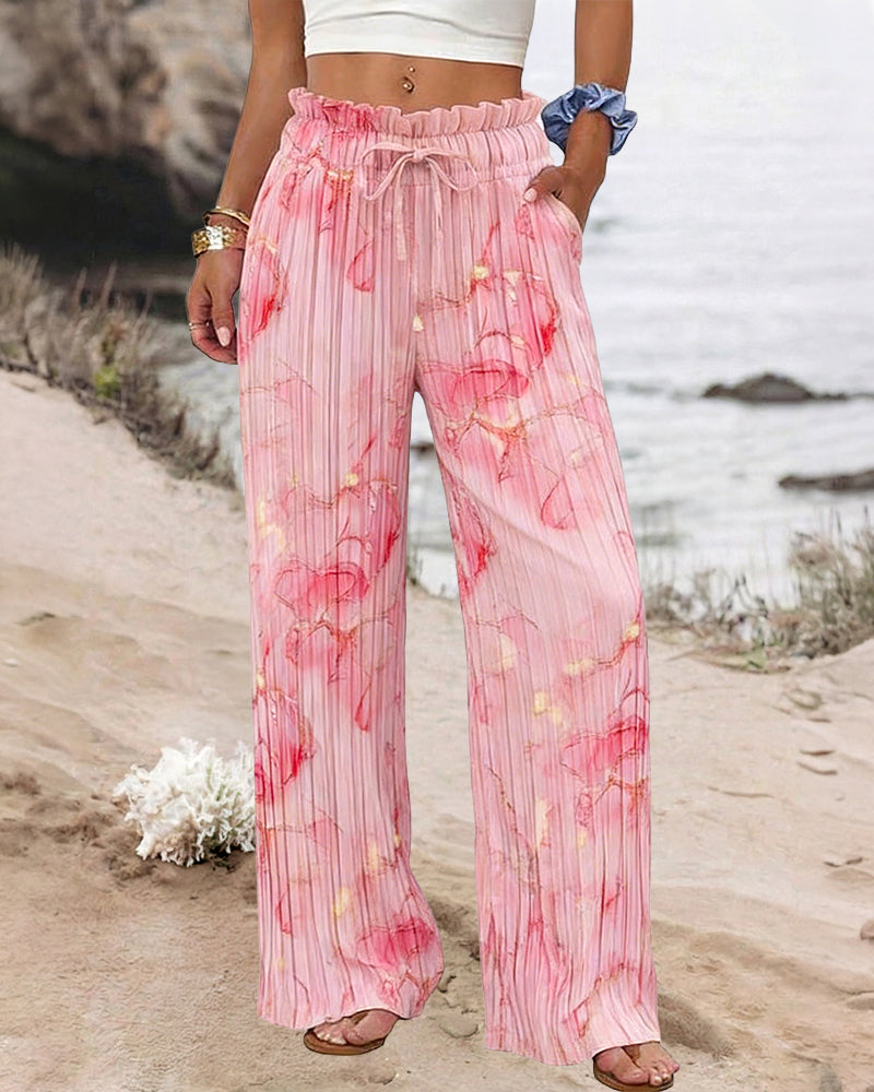 Women's Tie Dye Print Pleated Wide Leg Pants High Waisted Flowy Palazzo Pants Drawstring Lounge Pants with Pockets