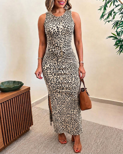 Women's Leopard Sleeveless Bodycon Dress Gold Ring Buckle Ruched Side Slit Dress
