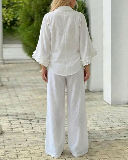 2 Pieces Outfit Turn-down Collar V-Neck Ruffles Cuffs Asymmetrical Hem Top and Wooden Single Breasted Decor Elastic Waist Wide Leg Pants Set with Belt