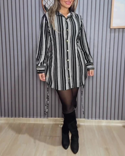 Women's Striped Shirt Dress Button Down Long Sleeve Shirred Waist Casual Dress