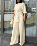 Women's 2 Piece Outfits Tied Waist Half Sleeve Top and High Waisted Pleated Wide Leg Pants Casual Loungewear