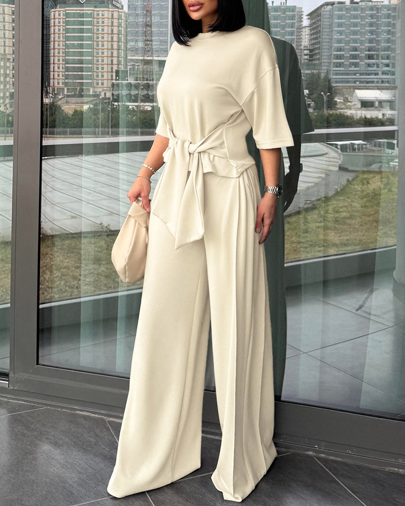 Women's 2 Piece Outfits Tied Waist Half Sleeve Top and High Waisted Pleated Wide Leg Pants Casual Loungewear