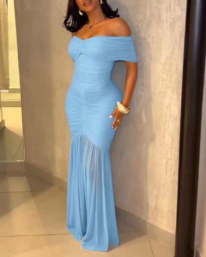 Foldover Off Shoulder Ruched Cinched Waist Minimalist Evening Dress Slim Fit Mermaid Hem Party Dress