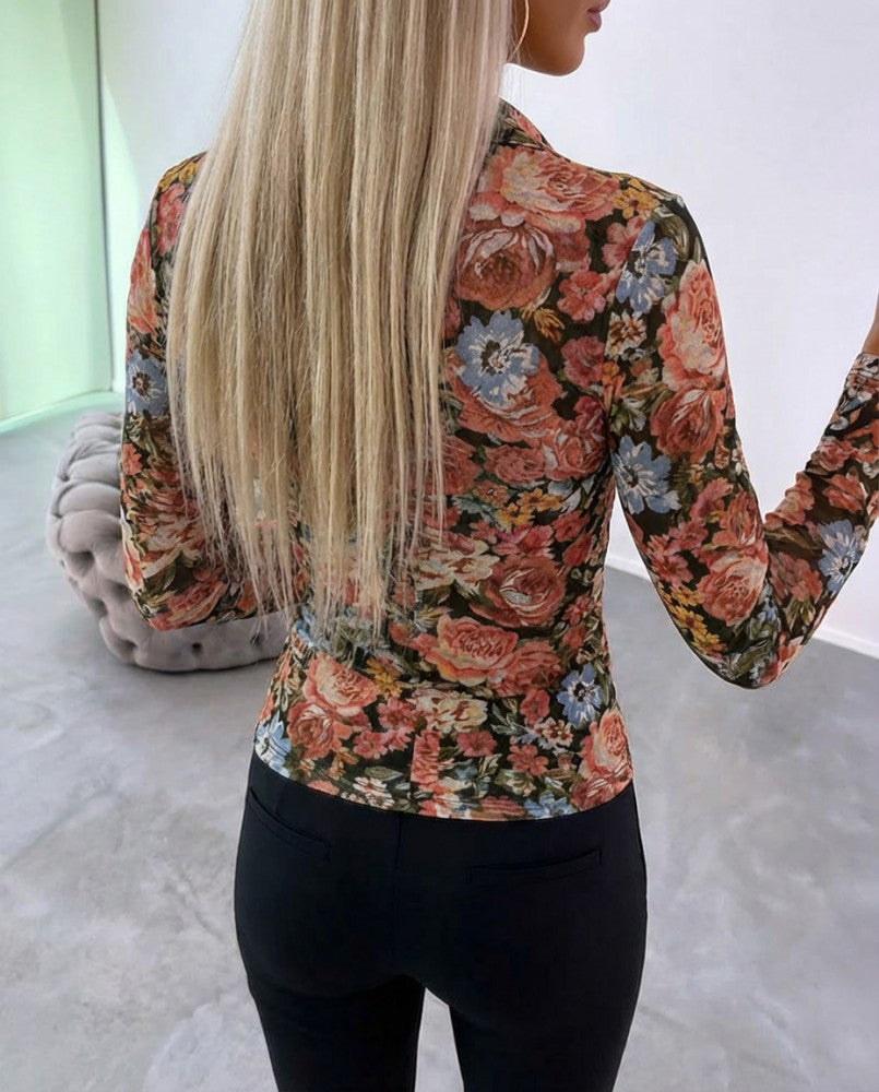 Vintage Oil Painting Floral Print Turn-down Collar V-Neck Button Front Shirt Slim Fit Long Sleeve Ruched Sheer Mesh Top with Lining
