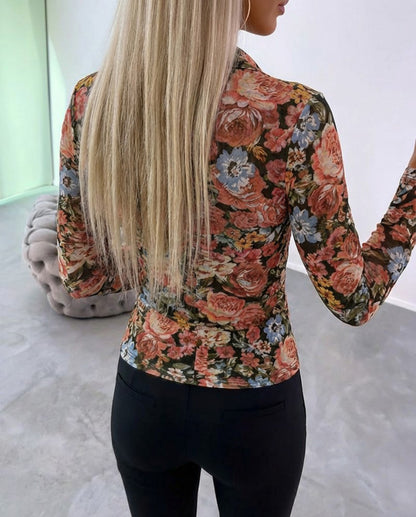 Vintage Oil Painting Floral Print Turn-down Collar V-Neck Button Front Shirt Slim Fit Long Sleeve Ruched Sheer Mesh Top with Lining